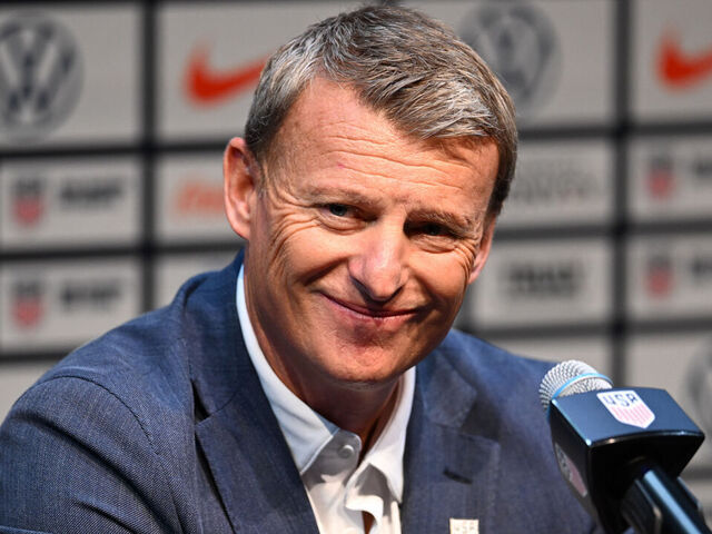 NEW YORK, NEW YORK - SEPTEMBER 13: Matt Crocker looks on during Mauricio Pochettino's first press conference as head coach of the U.S. Mens National Team at Hudson Yards on September 13, 2024 in New York City.