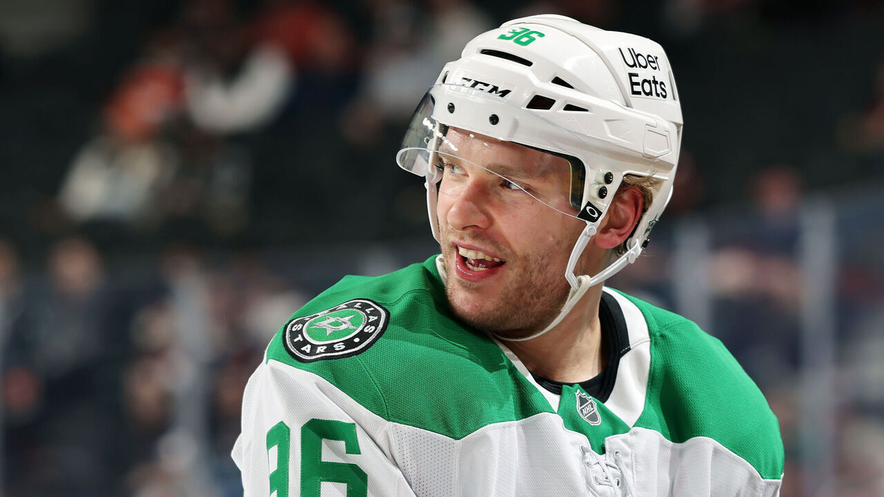 PHILADELPHIA, PENNSYLVANIA - MARCH 29: Mikko Rantanen #96 of the Dallas Stars looks on during warm-ups prior to his game against the Philadelphia Flyers at the Xfinity Mobile Arena on March 29, 2026 in Philadelphia, Pennsylvania.