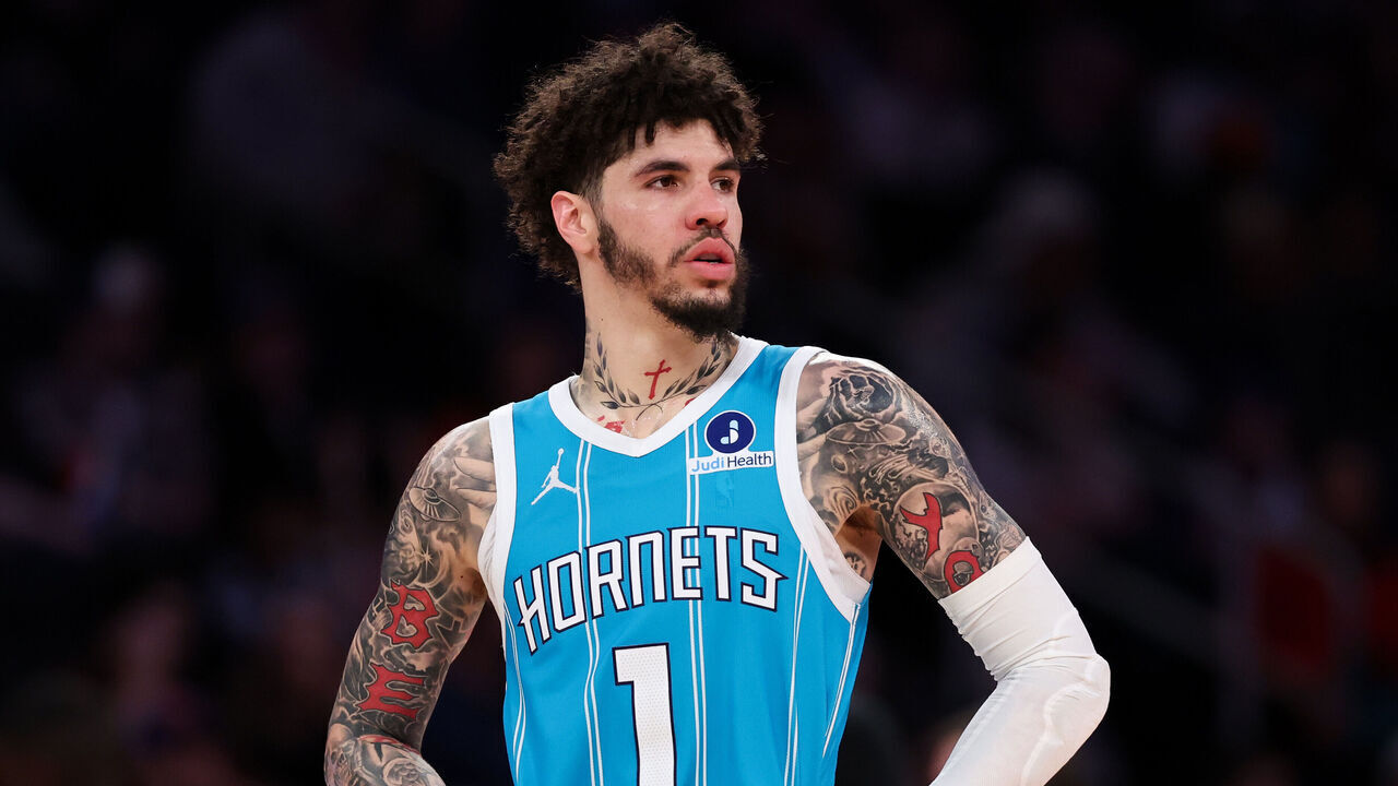 NEW YORK, NEW YORK - APRIL 12: LaMelo Ball #1 of the Charlotte Hornets looks on during the second half against the New York Knicks at Madison Square Garden on April 12, 2026 in New York City.