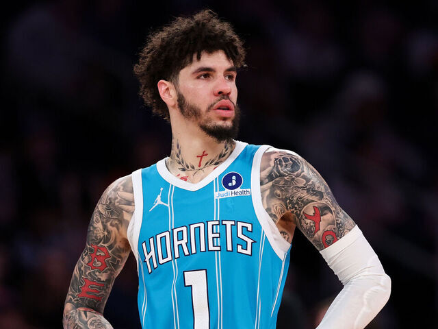 NEW YORK, NEW YORK - APRIL 12: LaMelo Ball #1 of the Charlotte Hornets looks on during the second half against the New York Knicks at Madison Square Garden on April 12, 2026 in New York City.
