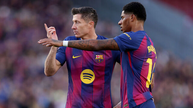 BARCELONA, SPAIN - FEBRUARY 7: (L-R) Robert Lewandowski of FC Barcelona, Marcus Rashford of FC Barcelona during the LaLiga EA Sports match between FC Barcelona v Real Mallorca at the Camp Nou on February 7, 2026 in Barcelona Spain