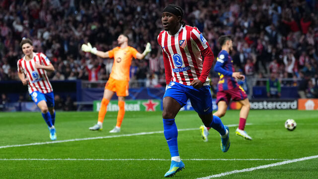 MADRID, SPAIN - APRIL 14: Ademola Lookman of Atletico de Madrid celebrates scoring his team's first goal during the UEFA Champions League 2025/26 Quarter-Final Second Leg match between Club Atlético de Madrid and FC Barcelona at Riyadh Air Metropolitano on April 14, 2026 in Madrid, Spain.