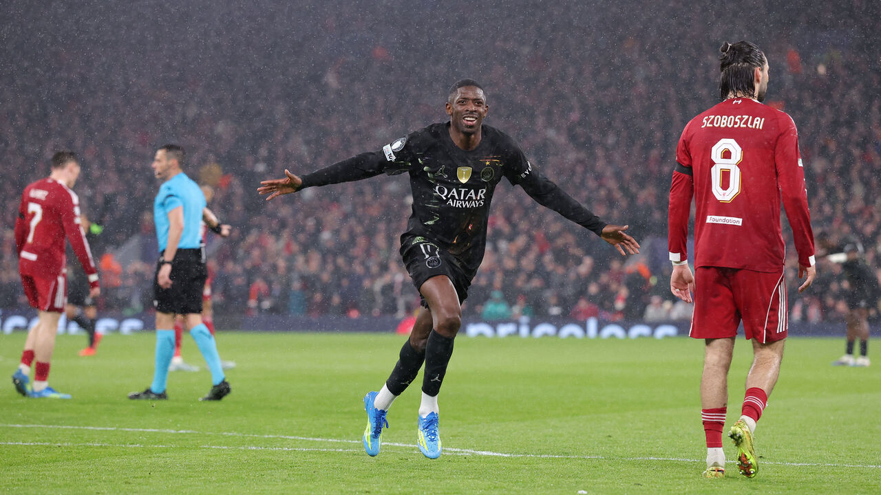 LIVERPOOL, ENGLAND - APRIL 14: Ousmane Dembele of Paris Saint-Germain celebrates after scoring their first goal during the UEFA Champions League 2025/26 Quarter-Final Second Leg match between Liverpool FC and Paris Saint-Germain FC at Anfield on April 14, 2026 in Liverpool, England.