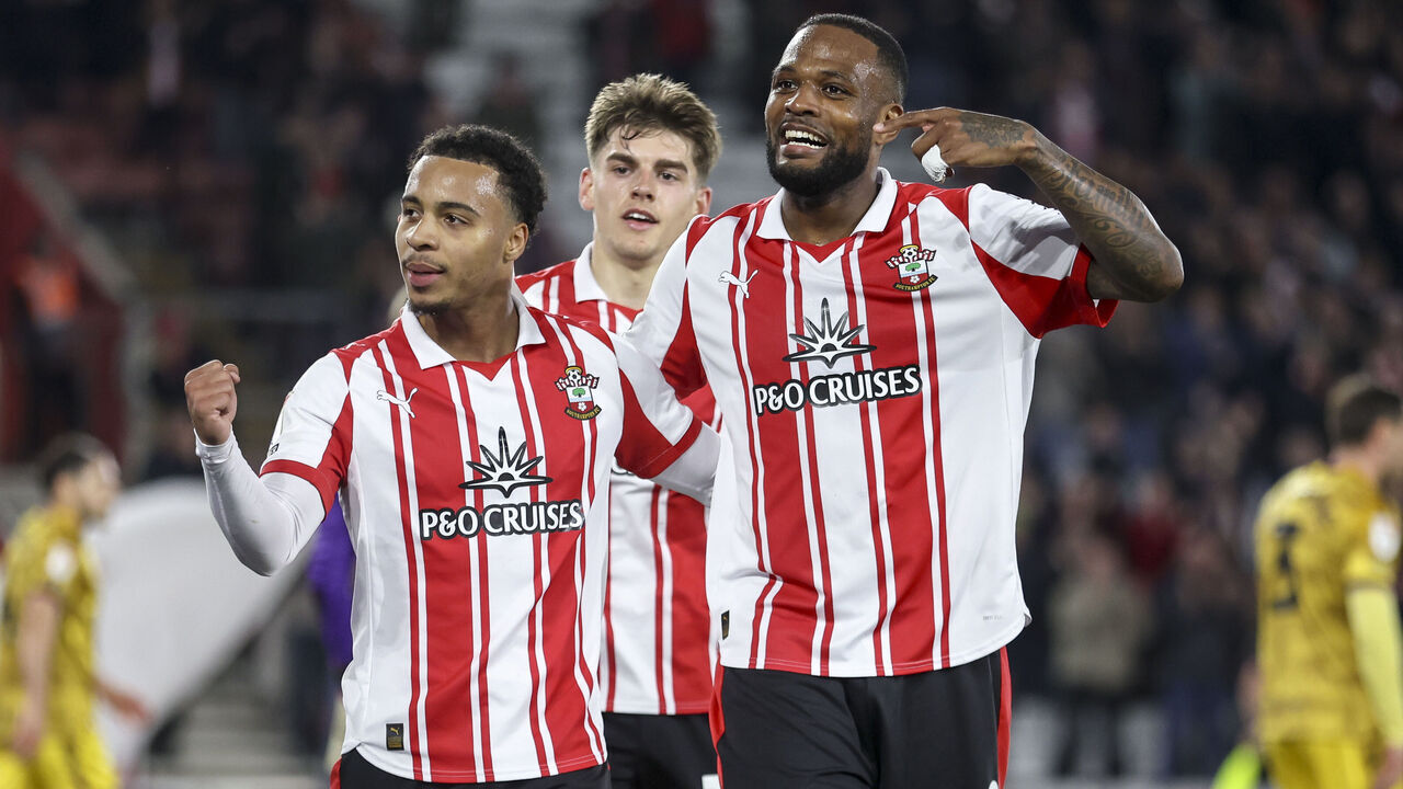 SOUTHAMPTON, ENGLAND - APRIL 14: Cyle Larin0 of Southampton celebrates after he scores a goal to make it 1-0 with team-mate Cameron Archer during the Sky Bet Championship match between Southampton and Blackburn Rovers at St Mary's Stadium on April 14, 2026 in Southampton, England.