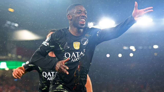 LIVERPOOL, ENGLAND - APRIL 14: Ousmane Dembele celebrates scoring his side's second goal during the UEFA Champions League 2025/26 Quarter-Final Second Leg match between Liverpool FC and Paris Saint-Germain FC at Anfield on April 14, 2026 in Liverpool, England.