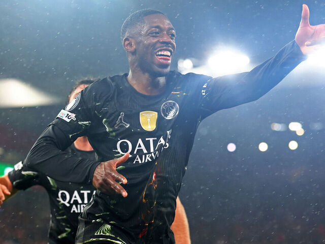 LIVERPOOL, ENGLAND - APRIL 14: Ousmane Dembele celebrates scoring his side's second goal during the UEFA Champions League 2025/26 Quarter-Final Second Leg match between Liverpool FC and Paris Saint-Germain FC at Anfield on April 14, 2026 in Liverpool, England.