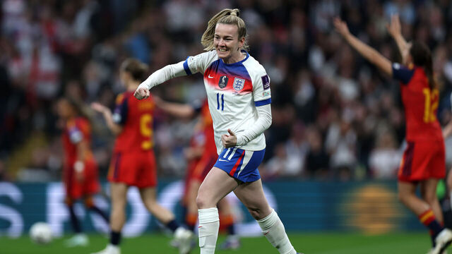 LONDON, ENGLAND - APRIL 14: Lauren Hemp of England celebrates scoring her team's first goal during the 2027 FIFA Women's World Cup Qualifier between England and Spain at Wembley Stadium on April 14, 2026 in London, England.