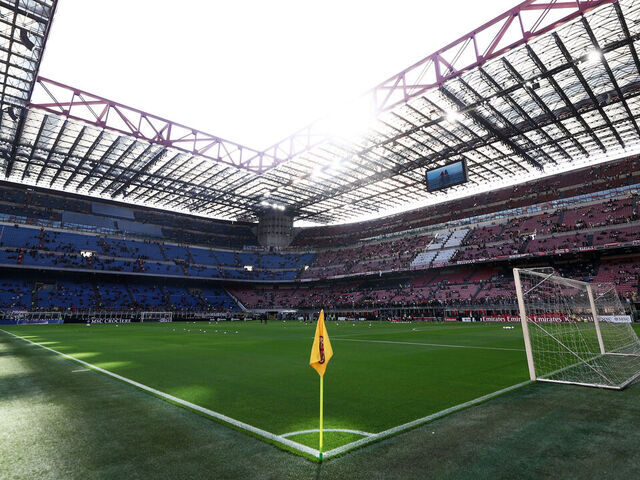MILAN, ITALY - APRIL 11: General view inside the stadium prior to the Serie A match between AC Milan and Udinese Calcio at Giuseppe Meazza Stadium on April 11, 2026 in Milan, Italy.