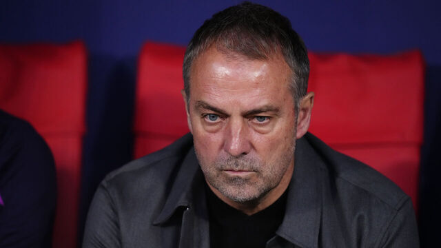 MADRID, SPAIN - APRIL 14: Hansi Flick head coach of Barcelona sitting on the bench during the UEFA Champions League 2025/26 Quarter-Final Second Leg match between Club Atletico de Madrid and FC Barcelona at Estadio Riyadh Air Metropolitano on April 14, 2026 in Madrid, Spain.