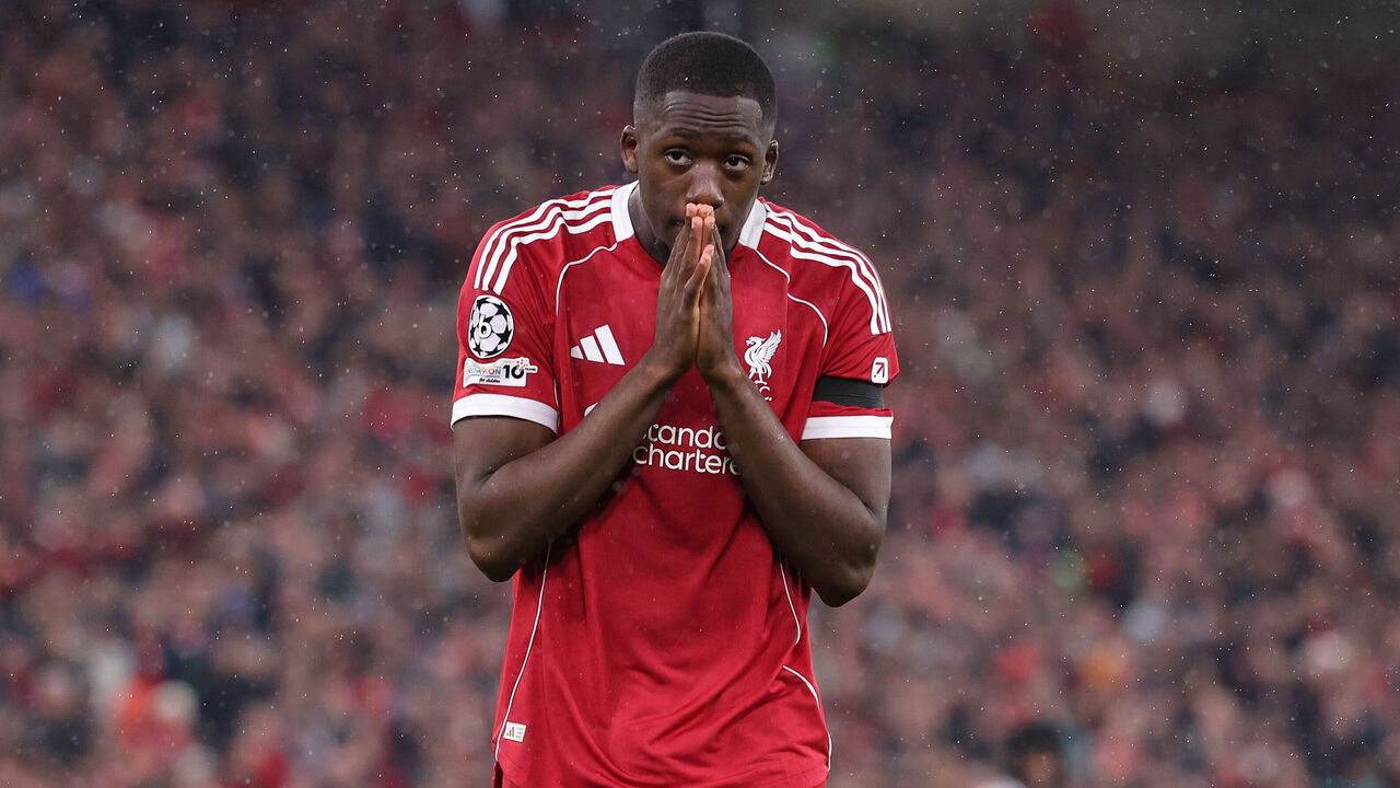 LIVERPOOL, ENGLAND - APRIL 14: Ibrahima Konate of Liverpool looks dejected during the UEFA Champions League 2025/26 Quarter-Final Second Leg match between Liverpool FC and Paris Saint-Germain FC at Anfield on April 14, 2026 in Liverpool, England.