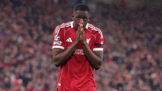 LIVERPOOL, ENGLAND - APRIL 14: Ibrahima Konate of Liverpool looks dejected during the UEFA Champions League 2025/26 Quarter-Final Second Leg match between Liverpool FC and Paris Saint-Germain FC at Anfield on April 14, 2026 in Liverpool, England.