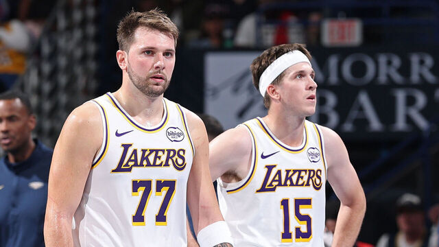NEW ORLEANS, LA - NOVEMBER 14: Luka Doncic #77 and Austin Reaves #15 of the Los Angeles Lakers look on during the game against the New Orleans Pelicans during the 2025 - 2026 Emirates Cup Game on November 14, 2025 at the Smoothie King Center in New Orleans, Louisiana. Mandatory Copyright Notice: Copyright 2025 NBAE