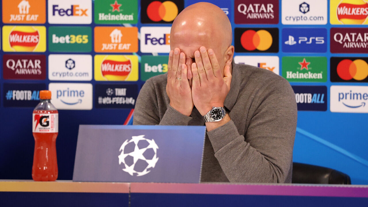 LIVERPOOL, ENGLAND - APRIL 14: Arne Slot, Manager of Liverpool, speaks to the media in a post match press conference following the UEFA Champions League 2025/26 Quarter-Final Second Leg match between Liverpool FC and Paris Saint-Germain FC at Anfield on April 14, 2026 in Liverpool, England.