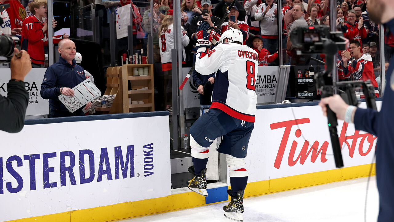 COLUMBUS, OHIO - APRIL 14: Alex Ovechkin #8 of the Washington Capitals walks off of the ice after defeating the Columbus Blue Jackets at Nationwide Arena on April 14, 2026 in Columbus, Ohio. Washington defeated Columbus 2-1.