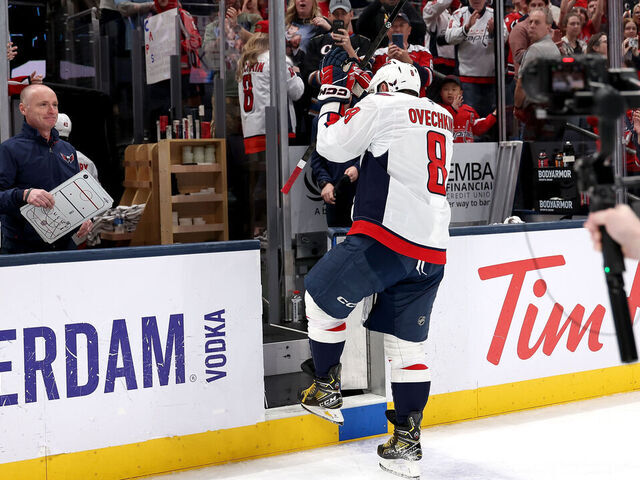 COLUMBUS, OHIO - APRIL 14: Alex Ovechkin #8 of the Washington Capitals walks off of the ice after defeating the Columbus Blue Jackets at Nationwide Arena on April 14, 2026 in Columbus, Ohio. Washington defeated Columbus 2-1.
