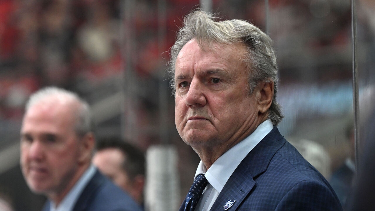 RALEIGH, NC - APRIL 02: Head Coach Rick Bowness of the Columbus Blue Jackets watches the play develop during the NHL game between the Columbus Blue Jackets and the Carolina Hurricanes on April 2, 2026 at Lenovo Center in Raleigh, North Carolina.
