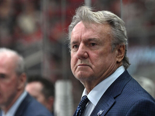 RALEIGH, NC - APRIL 02: Head Coach Rick Bowness of the Columbus Blue Jackets watches the play develop during the NHL game between the Columbus Blue Jackets and the Carolina Hurricanes on April 2, 2026 at Lenovo Center in Raleigh, North Carolina.