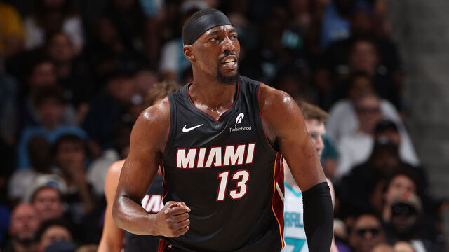 CHARLOTTE, NC - APRIL 14: Bam Adebayo #13 of the Miami Heat celebrates during the game against the Charlotte Hornets during the Play-In Tournament on April 14, 2026 at Spectrum Center in Charlotte, North Carolina. Mandatory Copyright Notice: Copyright 2026 NBAE