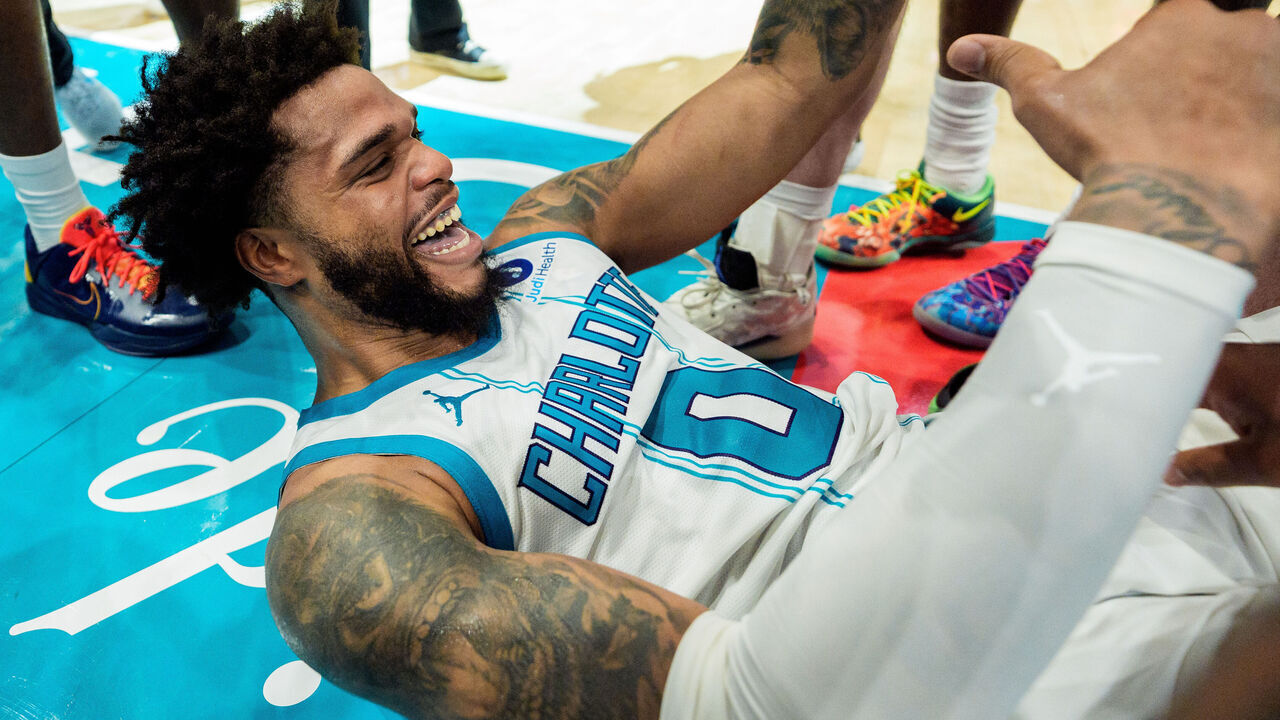 CHARLOTTE, NORTH CAROLINA - APRIL 14: Miles Bridges #0 of the Charlotte Hornets reacts after defeating the Miami Heat during their game at Spectrum Center on April 14, 2026 in Charlotte, North Carolina.