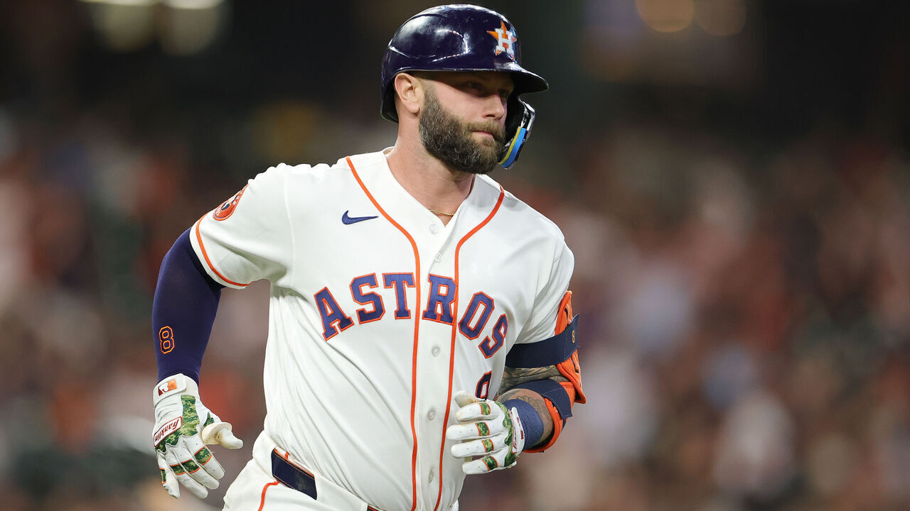 HOUSTON, TEXAS - APRIL 14: Christian Walker #8 of the Houston Astros runs the bases after hitting a solo home run during the second inning against the Colorado Rockies at Daikin Park on April 14, 2026 in Houston, Texas.