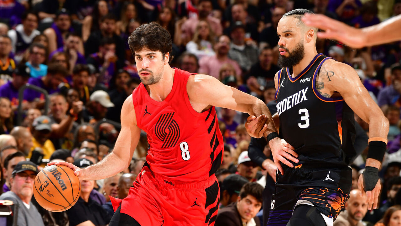 PHOENIX, AZ - APRIL 14: Deni Avdija #8 of the Portland Trail Blazers drives to the basket during the game against the Phoenix Suns during the 2026 SoFi Play-In Tournament on April 14, 2026 at PHX Arena in Phoenix, Arizona. Mandatory Copyright Notice: Copyright 2026 NBAE