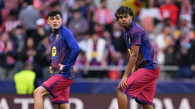 MADRID, SPAIN - APRIL 14: Pedri and Lamine Yamal of FC Barcelona look on during the warm up prior to the UEFA Champions League 2025/26 Quarter-Final Second Leg match between Club Atlético de Madrid and FC Barcelona at Riyadh Air Metropolitano on April 14, 2026 in Madrid, Spain.