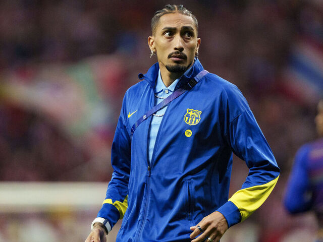 MADRID, SPAIN - APRIL 14: Raphinha Dias of FC Barcelona walks in the field following the UEFA Champions League 2025/26 Quarter-Final Second Leg match between Club Atletico de Madrid and FC Barcelona at Estadio Metropolitano on April 14, 2026 in Madrid, Spain.