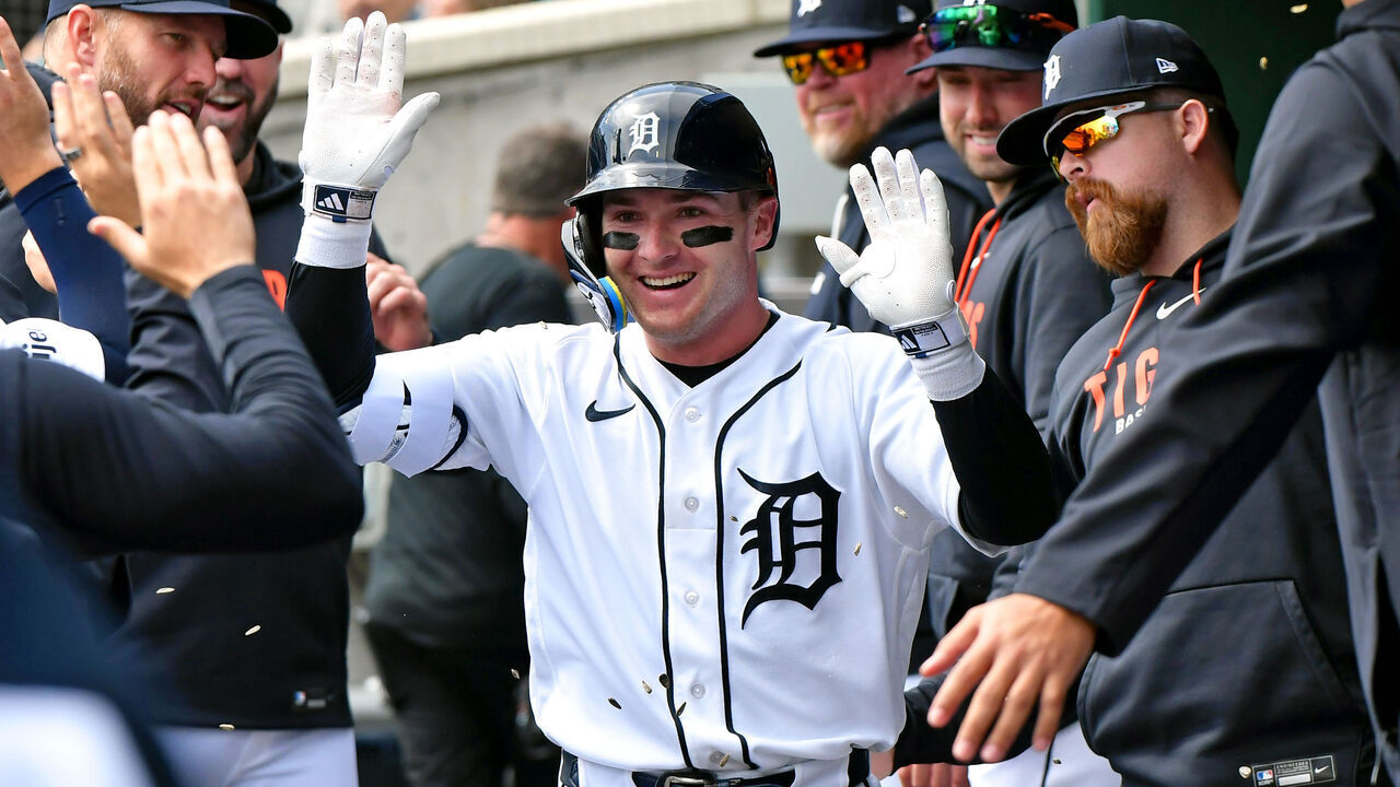 DETROIT, MI - APRIL 12: Kevin McGonigle #7 of the Detroit Tigers celebrates with teammates in the dugout after hitting his first major league home run in the 5th inning of the game against the Miami Marlins at Comerica Park on April 12, 2026 in Detroit, Michigan. The Tigers defeated the Marlins 8-2.