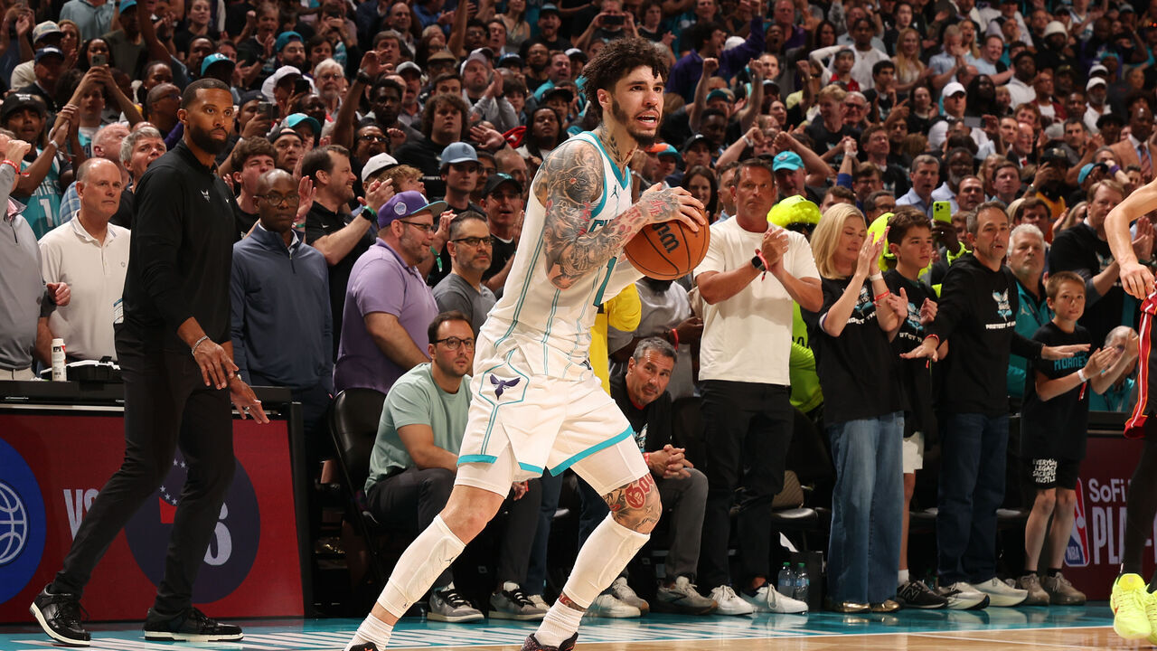 CHARLOTTE, NC - APRIL 14: LaMelo Ball #1 of the Charlotte Hornets handles the ball during the game against the Miami Heat during the 2026 SoFi Play-In Tournament on April 14, 2026 at Spectrum Center in Charlotte, North Carolina. Mandatory Copyright Notice: Copyright 2026 NBAE