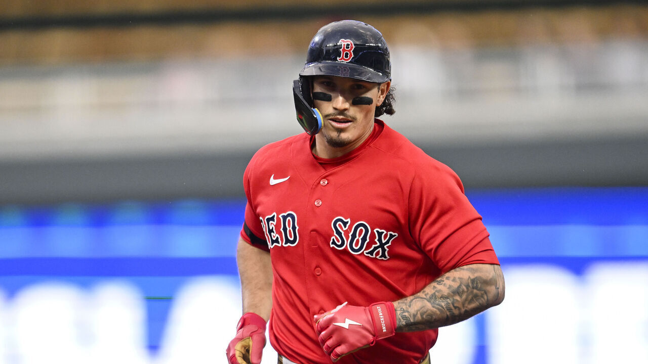 MINNEAPOLIS, MINNESOTA - APRIL 13: Jarren Duran #16 of the Boston Red Sox hits a two-run home run against the Minnesota Twins during the third inning of the game at Target Field on April 13, 2026 in Minneapolis, Minnesota.