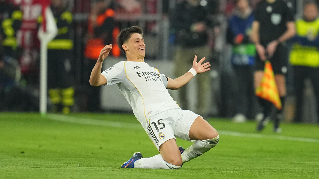 Arda Guler (Real Madrid) scores and celebrates his teams second goal during UEFA Champions league Quarter Final UEFA Champions League: Bayern Munich and Real Madrid at Allianz Arena, Munich, Germany on April 15 2026.