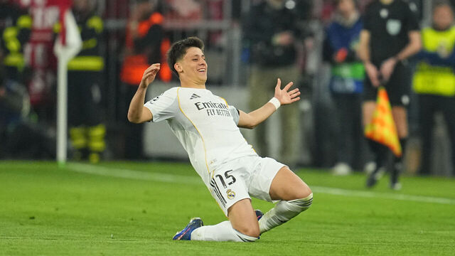 Arda Guler (Real Madrid) scores and celebrates his teams second goal during UEFA Champions league Quarter Final UEFA Champions League: Bayern Munich and Real Madrid at Allianz Arena, Munich, Germany on April 15 2026.