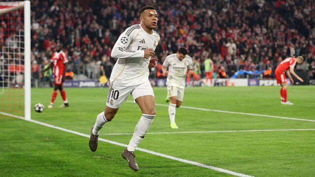 MUNICH, GERMANY - APRIL 15: Kylian Mbappe of Real Madrid celebrates scoring his team's third goal during the UEFA Champions League 2025/26 Quarter-Final Second Leg match between FC Bayern München and Real Madrid CF at Football Arena Munich on April 15, 2026 in Munich, Germany.