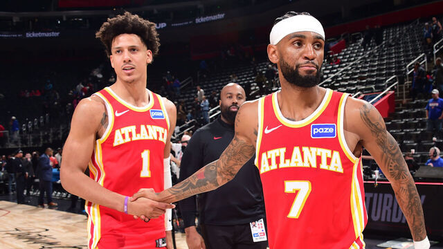 DETROIT, MI - MARCH 25: Jalen Johnson #1 and Nickeil Alexander-Walker #7 of the Atlanta Hawks high five after the game against the Detroit Pistons on March 25, 2026 at Little Caesars Arena in Detroit, Michigan. NOTE TO USER: User expressly acknowledges and agrees that, by downloading and/or using this photograph, User is consenting to the terms and conditions of the Getty Images License Agreement. Mandatory Copyright Notice: Copyright 2026 NBAE