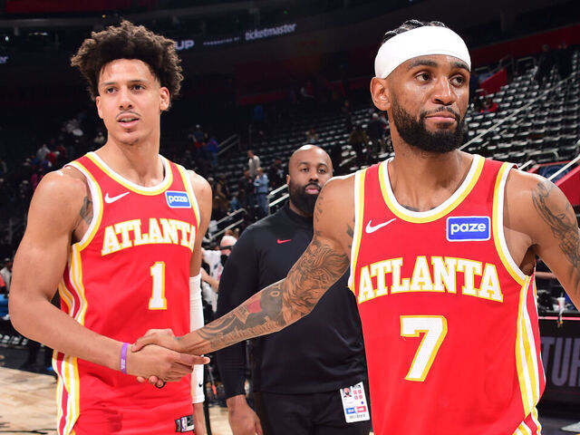 DETROIT, MI - MARCH 25: Jalen Johnson #1 and Nickeil Alexander-Walker #7 of the Atlanta Hawks high five after the game against the Detroit Pistons on March 25, 2026 at Little Caesars Arena in Detroit, Michigan. NOTE TO USER: User expressly acknowledges and agrees that, by downloading and/or using this photograph, User is consenting to the terms and conditions of the Getty Images License Agreement. Mandatory Copyright Notice: Copyright 2026 NBAE