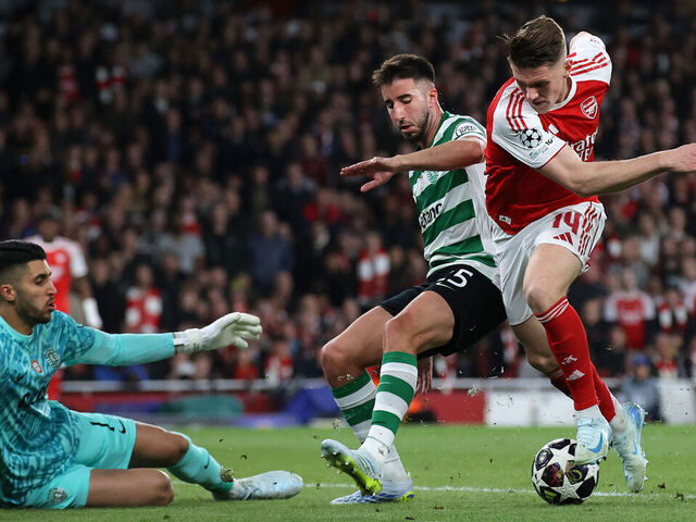 LONDON, ENGLAND - APRIL 15: Viktor Gyokeres of Arsenal is challenged by Goncalo Inacio and Rui Silva of Sporting CP during the UEFA Champions League 2025/26 Quarter-Final Second Leg match between Arsenal FC and Sporting Clube de Portugal at Arsenal Stadium on April 15, 2026 in London, England.
