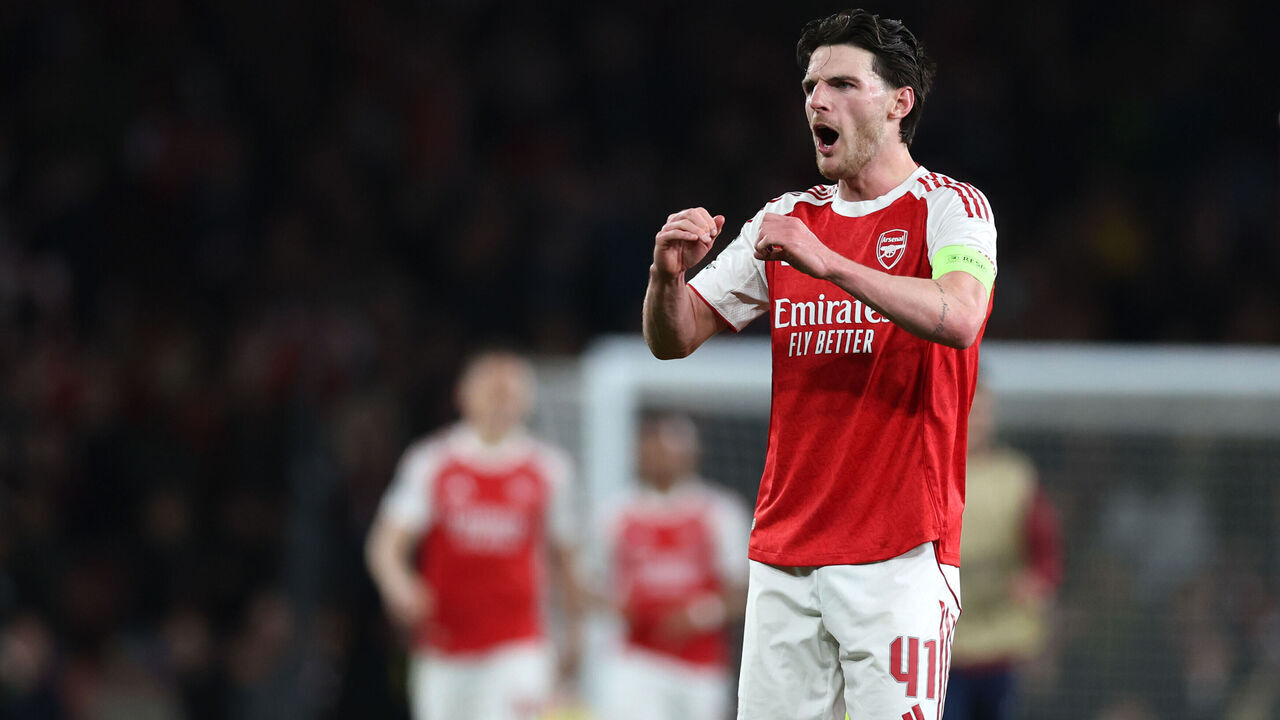 LONDON, ENGLAND - APRIL 15: Arsenal's Declan Rice celebrates at the final whistle during the UEFA Champions League 2025/26 Quarter-Final Second Leg match between Arsenal FC and Sporting Clube de Portugal at Arsenal Stadium on April 15, 2026 in London, United Kingdom.