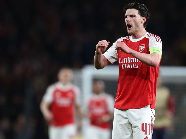 LONDON, ENGLAND - APRIL 15: Arsenal's Declan Rice celebrates at the final whistle during the UEFA Champions League 2025/26 Quarter-Final Second Leg match between Arsenal FC and Sporting Clube de Portugal at Arsenal Stadium on April 15, 2026 in London, United Kingdom.
