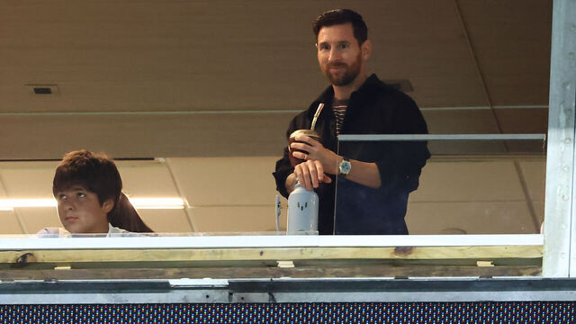MIAMI GARDENS, FL - OCTOBER 10: Lionel Messi watches from the box seats during the match between Argentina and Venezuela on Friday, October 10, 2025 at Hard Rock Stadium in Miami Gardens, FL