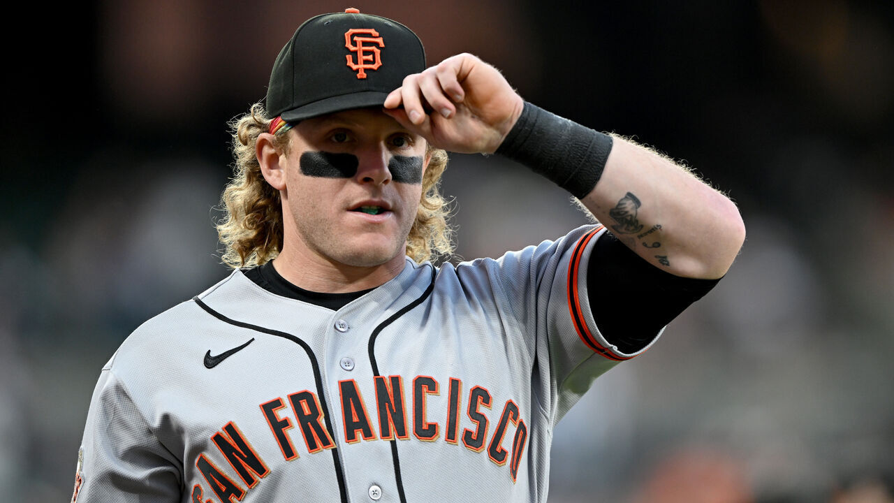 BALTIMORE, MARYLAND - APRIL 10: Harrison Bader #9 of the San Francisco Giants warms up before the game against the Baltimore Orioles at Oriole Park at Camden Yards on April 10, 2026 in Baltimore, Maryland.
