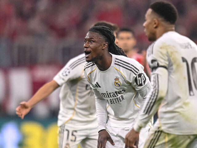 Munich, Germany - April 15: Eduardo Camavinga of Real Madrid gestures looks dejected during the UEFA Champions League 2025/26 Quarter-Final Second Leg match between FC Bayern München and Real Madrid CF at Football Arena Munich on April 15, 2026 in Munich, Germany.