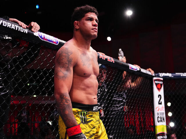 LAS VEGAS, NEVADA - MAY 17: Gilbert Burns of Brazil prepares to face Michael Morales of Ecuador in a welterweight fight during the UFC Fight Night event at UFC APEX on May 17, 2025 in Las Vegas, Nevada.