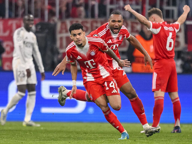 Munich, Germany - April 15: Luis Díaz of FC Bayern Muenchen celebrates after scoring his team's third goal with teammates during the UEFA Champions League 2025/26 Quarter-Final Second Leg match between FC Bayern München and Real Madrid CF at Football Arena Munich on April 15, 2026 in Munich, Germany.