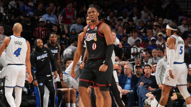 PHILADELPHIA, PA - APRIL 15: Tyrese Maxey #0 of the Philadelphia 76ers celebrates during the game against the Orlando Magic during the SoFi Play-In Tournament on April 15, 2026 at the Wells Fargo Center in Philadelphia, Pennsylvania NOTE TO USER: User expressly acknowledges and agrees that, by downloading and/or using this Photograph, user is consenting to the terms and conditions of the Getty Images License Agreement. Mandatory Copyright Notice: Copyright 2026 NBAE