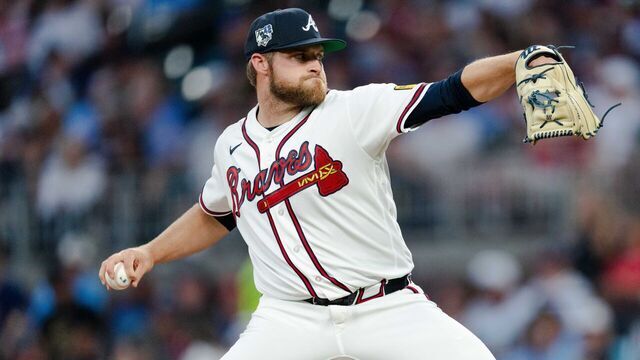 ATLANTA, GA - APRIL 15: Bryce Elder #55 of the Atlanta Braves pitches in the fourth inning during the game against the Miami Marlins at Truist Park on April 15, 2026 in Atlanta, Georgia.