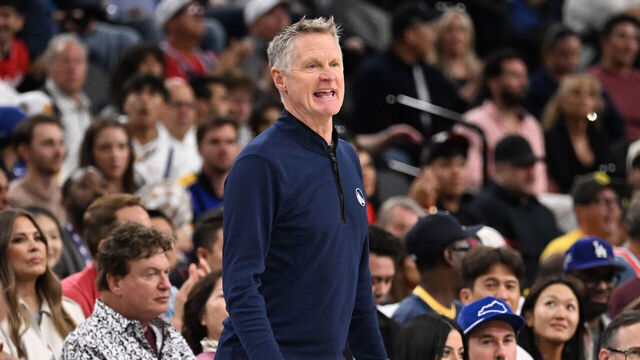 Inglewood, CA - April 15: Head coach Steve Kerr of the Golden State Warriors reacts against the LA Clippers in the first half of a NBA play-in tournament basketball game at Intuit Dome in Inglewood on Wednesday, April 15, 2026.
