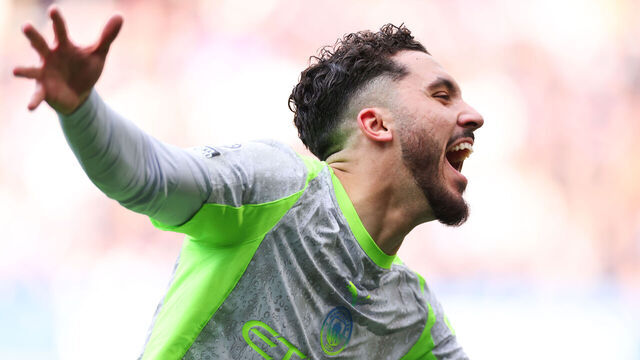 LONDON, ENGLAND - APRIL 12: Rayan Cherki of Manchester City celebrates during the Premier League match between Chelsea and Manchester City at Stamford Bridge on April 12, 2026 in London, England.