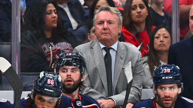 COLUMBUS, OHIO - APRIL 12: Head coach Rick Bowness of the Columbus Blue Jackets follows gameplay in the second period against the Boston Bruins at Nationwide Arena on April 12, 2026 in Columbus, Ohio.