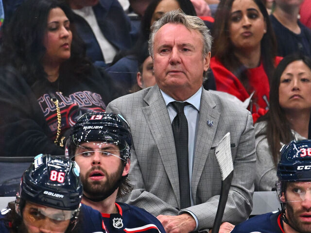 COLUMBUS, OHIO - APRIL 12: Head coach Rick Bowness of the Columbus Blue Jackets follows gameplay in the second period against the Boston Bruins at Nationwide Arena on April 12, 2026 in Columbus, Ohio.