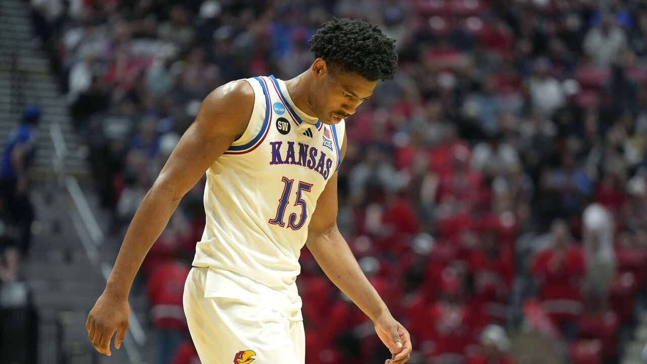 SAN DIEGO, CA - MARCH 22: Bryson Tiller #15 of the Kansas Jayhawks walks back to the bench during the second round game of the 2026 NCAA Men's Basketball Tournament against the St. John's Red Storm at Viejas Arena at San Diego State University on March 22, 2026 in San Diego, California.